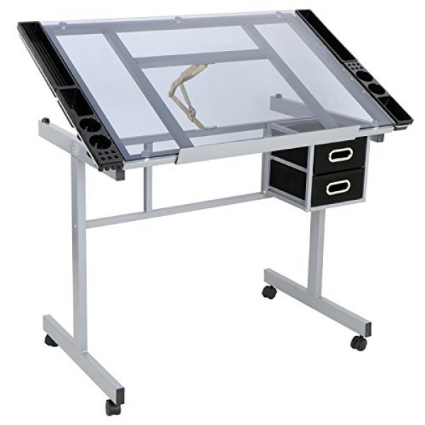 ZENY Glass Top Adjustable Drawing Desk Craft Station Drafting Tabl...