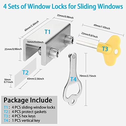 Window Locks,4 Sets Sliding Window Locks With Key for Vertical & H...