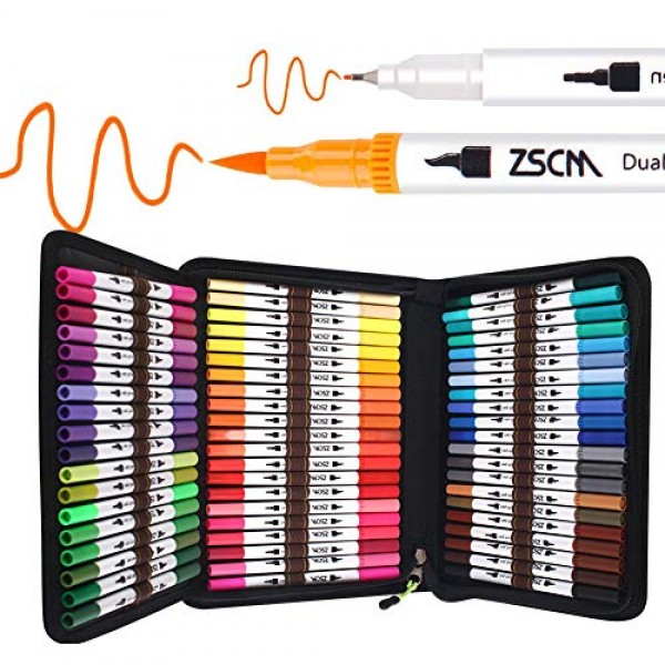 ZSCM Coloring Art Markers Set, 60 Colors Dual Tips Fine Point Wate...