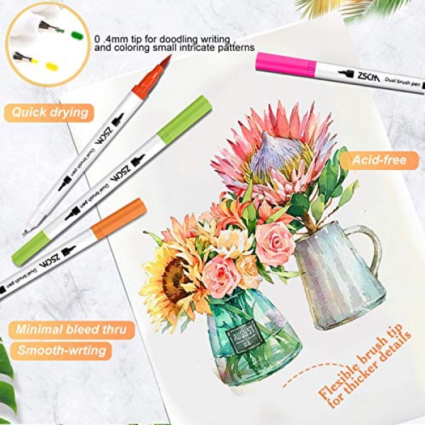 ZSCM Coloring Art Markers Set, 60 Colors Dual Tips Fine Point Wate...