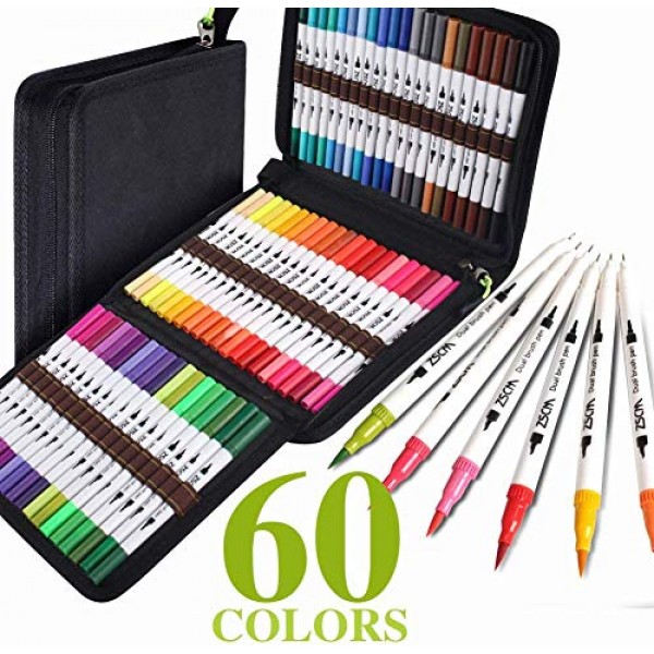 ZSCM Coloring Art Markers Set, 60 Colors Dual Tips Fine Point Wate...