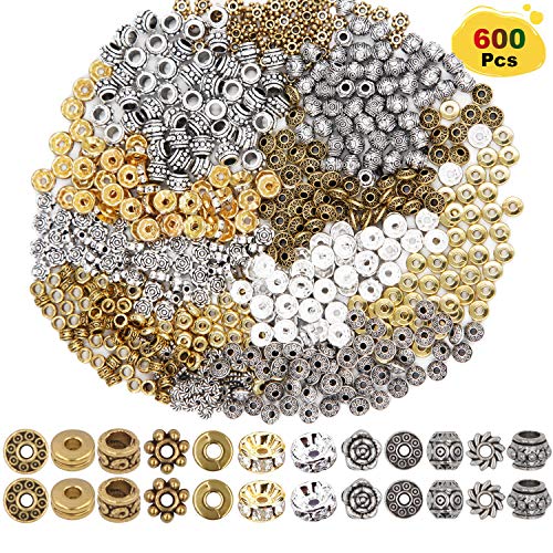 Paxcoo 600pcs 12 Style Silver Spacer Beads Jewelry Bead Charm Spacers for Jewelr 