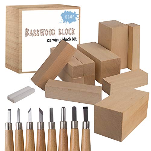 JJ CARE Wood Carving Kit - Premium Wood Whittling Kit 10 Wood Blocks + 8  SK7 Carbon Steel Tools - Beginner Whittling Kit for Kids and Adults,  Basswood Carving Kit, Soap Carving Set
